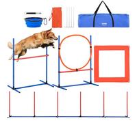 VEVOR Dog Agility Training Equipment, 4 PCS Set with Adjustable High Hurdles,6 Weave Poles,Jump Ring,Square Pause Box,Whistle,Foldable Bowl, Puppy Obstacle Course Kit for Backyard, Indoor, Outdoor