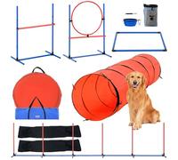 VEVOR Dog Agility Training Equipment, 5 PCS Set Upgrade with Adjustable High Hurdles,6 Weave Poles,Extended Tunnel,Jump Ring,Pause Box,Whistle,Foldable Bowl,Puppy Obstacle Course Kit with Storage Bag