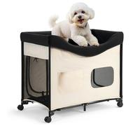 VEVOR Elevated Lounge Pet Bed, Foldable Bunk Dog Bed with 600D Oxford Cloth and Dutch Velvet, Portable Raised Cot with Wheels, Side Storage Bags, and Carry Bag for Cats & Dogs, XL, Beige