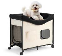 VEVOR Elevated Lounge Pet Bed, Foldable Bunk Dog Bed with 600D Oxford Cloth and Dutch Velvet, Portable Raised Cot with Wheels, Side Storage Bags, and Carry Bag for Cats & Dogs, L, Beige