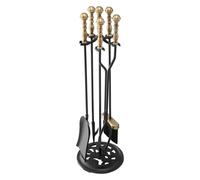 VEVOR Fireplace Tool Set, 5 PCS Fire Tool Set and Holder with Five-Prong Stand, Tongs, Ash Shovel, Brush, Fire Place Poker, Wrought Iron Fireplace Accessories for Indoor/Outdoor, Black & Brass