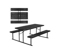 VEVOR Foldable Picnic Table, 6 FT Folding Picnic Tables with Benches, Steel Outdoor Bench Set with Umbrella Hole, Large Outside Dining Table for Patio Garden Yard Poolside (Black)