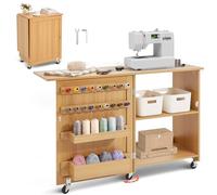 VEVOR Folding Sewing Table, Multipurpose Sewing Machine Table with Compact Design, Wheels, Shelves, Storage Trays, Wooden Pegs, and Magnetic Doors, Sewing Desk Cabinet for Sewing Machine, Wood Color