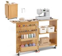 VEVOR Folding Sewing Table, Multipurpose Sewing Machine Table with Compact Design, Wheels, Shelves, Storage Trays, Wooden Pegs, and Magnetic Doors, Se