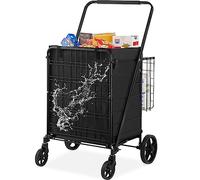 VEVOR Folding Shopping Cart with Removable Waterproof Liner, 210LBS Large Capacity Jumbo Grocery Cart with Dual Basket, 360° Swivel Wheels, Dense Metal Mesh Base, Heavy Duty Utility Cart for Shopping