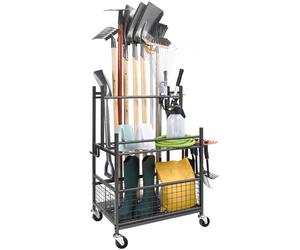 VEVOR Garden Tool Organizer, 16 Slots with Hooks, Yard Tool Tower Rack with Wheels for Garage Organization and Storage, Hold Long-Handled