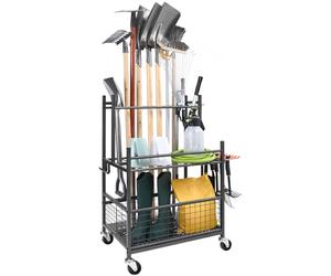 VEVOR Garden Tool Organizer, 16 Slots with Hooks, Yard Tool Tower Rack with Wheels for Garage Organization and Storage, Hold Long-Handled Tool/Rake/Broom, Metal Tool Stand Holder for Shed, Outdoor