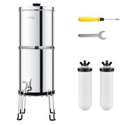 VEVOR Gravity-fed Water Filter System, 2.25G 304 Stainless-Steel Countertop Water Filtration System, Reduces Lead and up to 99% of Chlorine, with 2 Ceramic Carbon Filters, Spigot, and Stand