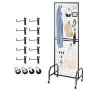 VEVOR Grid Wall Panel, 600 x 1640 mm Wire Grid Panels Display Rack, Movable Art Display Shelf with Wheels and 10 Hooks, Black Carbon Steel Gridwall for Craft Show, Decoration, Storage, Notice Board