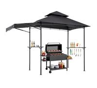 VEVOR Grill Gazebo, 8 x 5 ft Double-Tiered Top, BBQ Gazebo with Extra Awning, Powder-Coated Steel Patio Grill Shelter with 2 Side Shelves, Bottle Opener & Hooks, Outdoor Grilling Canopy for Garden