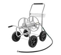 VEVOR Hold Up to 300 ft of 5/8 Water Hose Carts Mobile Tools with 4 Wheels, Heavy Duty Powder-Coated Steel Outdoor Planting with Storage Basket, for Garden, Yard, Lawn, Silver, 300ft