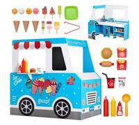 VEVOR Ice Cream Cart for Kids, 20+ PCS Ice Cream Truck Wooden Playset, Pretend Play Stand with Steering Wheel & Chalkboard, Payment Scanner & Freezer,