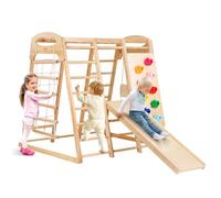 VEVOR Indoor Jungle Gym, 7-in-1 Toddler Indoor Playground, Wooden Toddler Climbing Toys Indoor with Wood & Rope Ladder, Net Ladder, Swing, Monkey Bar, Slide, Climbing Wall, 47.2 x 58 x 56in
