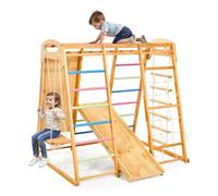VEVOR Indoor Playground Jungle Gym, 7-in-1 Wooden Indoor Playground for Kids, 250LBS Montessori Climbing Toys Playset with Swing, Monkey Bar, Slide, Wooden Ladder, Rope Ladder, Climbing Net & Rock