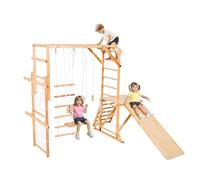 VEVOR Indoor Playground Jungle Gym, 8-in-1 Wooden Indoor Playground for Kids, 220LBS Montessori Climbing Toys Playset with Slide, Swing, Monkey Bar, Gym Rings, Wooden / Rope Ladder, Climbing Net & Bar