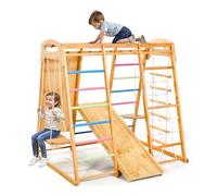 VEVOR Indoor Playground Jungle Gym, 9-in-1 Montessori Climbing Toys for Toddlers, 250LBS Wooden Indoor Playground Playset with Monkey Bar, Swings, Slide, Rope / Wooden Ladder, Climbing Net, Bar & Rock