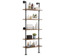 VEVOR Industrial Pipe Shelf, 5 Tier 24x9.84in, Wall-Mount Floating Rustic Wood Shelves Bracket Display Bookshelf, Storage Rack Sundries Holder for Kitchen Bedroom Bathroom Living Room, Black