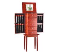 VEVOR Jewelry Cabinet Armoire, Standing Wood Jewelry Storage Chest with 4 Spacious Drawers, Flip Top Mirror, 4 Top Storage Compartments, Zinc Alloy Handles, 2 Side Doors with 16 Necklace Hooks