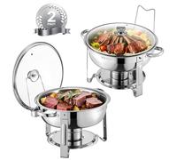 VEVOR JZYYXCL5LBL2 5 Qt 2 Pack, Stainless Steel Chafer with 2 Full Size, Round Catering Warmer Server with Glass Lid Water Pan Folding Stand Fuel Holder, Wedding Party Banquet, Silver, Stainless Steel