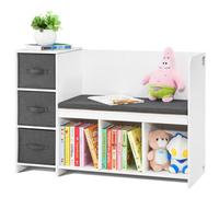 VEVOR Kids Reading Nook Bench, Toddler Bookshelf and Bookcase with Detachable Seat Cushion, 6-Cubby Storage Organizer Bench with 3 Drawers, Ideal for Playroom, Bedroom, Living Room or Entryway, White