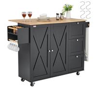 VEVOR Kitchen Island Cart, 45.3" Wood Top Mobile Carts with Storage Cabinet, Rolling Table with Drop Leaf, Spice Rack, Towel Bar, Adjustable Shelf, Drawer, and Hooks, Portable Islands on Wheels, Black