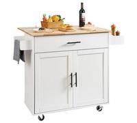 VEVOR Kitchen Island Cart with Solid Wood Top, 90 cm Width Mobile Carts with Storage Cabinet, Rolling Kitchen Table with Spice Rack, Towel Rack, Drop