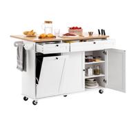 VEVOR Kitchen Island Cart with Storage, 153 cm Wide Mobile Kitchen Cart with Wheels, Drop Leaf, 2 Drawers, Trash Can Cabinet, Knife Holder, Spice Rack, and Towel Rack, Table for Dining Room, Pantry