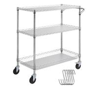 VEVOR Kitchen Utility Cart, 3 Tiers, Wire Rolling Cart with 2.9m Capacity, Steel Service Cart on Wheels, Metal Storage Trolley with 80mm Basket Curved Handle PP Liner 6 Hooks, for Indoor and Outdoor