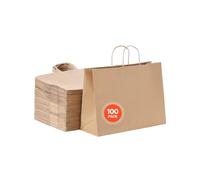 VEVOR Kraft Paper Bags with Handles, 100Pcs 16 x 6 x 12 in, Large Paper Grocery Bags, Reusable & Recycled Take-Out Sacks, Plain Party Bag Bulk for Birthday, Wedding, Business, Goody, Brown