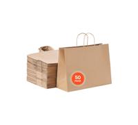 VEVOR Kraft Paper Bags with Handles 50Pcs 16 x 6 x 12 in Large Paper Grocery Bags Reusable & Recycled Brown Take-Out Sacks Plain Party Bag Bulk f