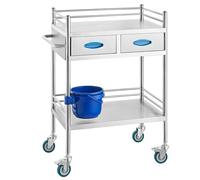 VEVOR Lab Serving Cart, 2-Layer Stainless Steel Utility Cart with Lockable Wheels and Bucket, for Laboratory, Hospital, Dental Use