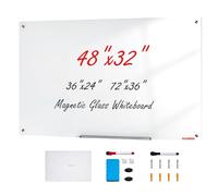 VEVOR Magnetic Glass Whiteboard, Dry Erase Board 48"x32", Wall-Mounted Large White Glassboard Frameless, with Marker Tray, an Eraser and 2 Markers, White