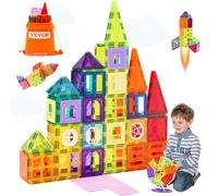 VEVOR Magnetic Tiles, 181 PCS Magnetic Building Blocks for Kids, Magnet Building Set with Car Bases/Ferris Wheel/Letter & Digital Cards, STEM Construction Stacking Toys for Toddlers Boys Girls Aged 5+
