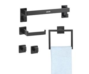 VEVOR Matte Black Bathroom Hardware Set, 5 Pieces Bathroom Accessories Set, Stainless Steel 16 inch Towel Bar, Towel Rack, 2 Robe Towel Hooks, Toilet Paper Holder for Bath Room, Wall Mounted