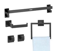 VEVOR Matte Black Bathroom Hardware Set, 5 Pieces Stainless Steel Bathroom Accessories Set, 24-inch Towel Bar, Towel Rack, 2 Robe Towel Hooks, Toilet Paper Holder, for Bath Room, Wall Mounted