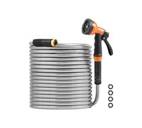VEVOR Metal Garden Hose 50 ft Rust Proof Stainless Steel Water Hose Heavy Duty Backyard Hose with 10 Function Nozzle No-Kink & Flexible Water Pipe