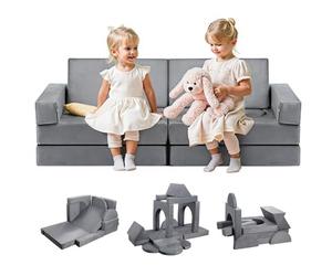 VEVOR Modular Kids Play Couch, Sectional Toddler Sofa with Armrests, 28D Sponge & Short Pile, Convertible Kids Modular Couch DIY Creative Combination for Playroom, Bedroom, Living Room, 14 Pcs, Gray