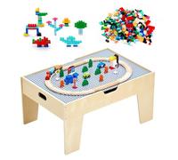 VEVOR Multi-Purpose Activity Play Table, 290 Building Bricks and 30-Piece Wooden Train Set Railway, Vehicles, Tracks and Accessories, Wooden Kids Acti