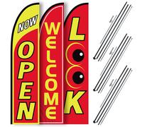 VEVOR Open Feather Flags with Pole Kit 16.3 Feet Advertising Flags for Business Outside 3 Banner Flags (Now Open Look Welcome) 3 Poles 3 Ground