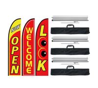 VEVOR Open Flags with Pole Kit, Advertising Flags for Business Outside, Advertising Feather Flag Kit, 3 Flags (Open, Look, Welcome), 3 Poles, 3 Ground