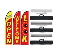 VEVOR Open Flags with Pole Kit, Advertising Flags for Business Outside, Advertising Feather Flag Kit, 3 Flags (Open, Look, Welcome), 3 Poles, 3 Ground Stakes, Swooper Flags for Businesses 16.3 FT