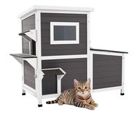 VEVOR Outdoor Cat House, 2-Story Wooden Cat Shelter for 3 Outside Cats in Winter, Elevated Feral Kitty Shelter with Stairs, Clear Window & Flap Doors, Waterproof Cats Condos for Garden 42 × 25 × 34 in