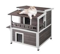 VEVOR Outdoor Cat House Weatherproof, Feral Cat Shelter for Multiple Cats, 2-story Large Outdoor Wooden Cat House with Balcony, Doors, PVC Door Flaps