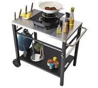 VEVOR Outdoor Grill Dining Cart with Double-Shelf, BBQ Movable Food Prep Table, Multifunctional Stainless Steel Table Top, Portable Modular Carts for Pizza Oven, Worktable with 2 Wheels, Carry Handle