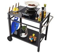 VEVOR Outdoor Grill Dining Cart with Double-Shelf, BBQ Movable Food Prep Table, Multifunctional Iron Table Top, Portable Modular Carts for Pizza Oven, Worktable with 2 Wheels, Carry Handle, Black