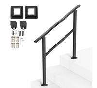 VEVOR Outdoor Handrails for Steps, 2-3 Step Stair Rail Kit, Black Square Tube with Horizontal Bar, Carbon Steel Support Rails for Seniors, Concrete & Deck Stairs, Easy Installation