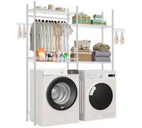VEVOR Over Washer and Dryer Storage Shelves, 4 Tiers Laundry Room Drying Rack with Hanger Rod and Hooks, Two Rows Adjustable Washer Shelves Space Saver, for Laundry Room Storage & Organization, White