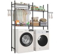 VEVOR Over Washer and Dryer Storage Shelves, 4 Tiers Laundry Room Drying Rack with Hanger Rod and Hooks, Two Rows Adjustable Washer Shelves Space Saver, for Laundry Room Storage & Organization, Black