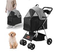 VEVOR Pet Stroller, 4 Wheels Dog Stroller Rotate with Brakes, 35lbs Weight Capacity, Puppy Stroller with Detachable Carrier, Storage Basket and Cup Holder, for Dogs and Cats Travel, Black+Dark Grey