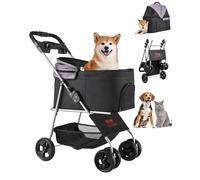 VEVOR Pet Stroller, 35 lbs Weight Capacity, Foldable Dog Stroller Cart, 4 Wheels Cats Pram with Detachable Carrier & Mesh Windows, Portable Animal Carrier with Brake for Small to Medium Pets